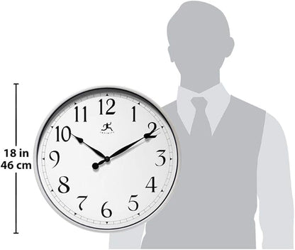 Infinity Instruments Large 18 inch Round Non-Ticking Silent Battery Operated Easy to Read Clock for Office, Classroom, School, Silver