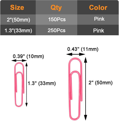 Vinaco Paper Clips Pink, 400PCS Medium and Jumbo Paper Clips (1.3 inch & 2.0 inch), Durable & Rustproof, Coated Paper Clip Great for Office School and Personal Use(Pink)
