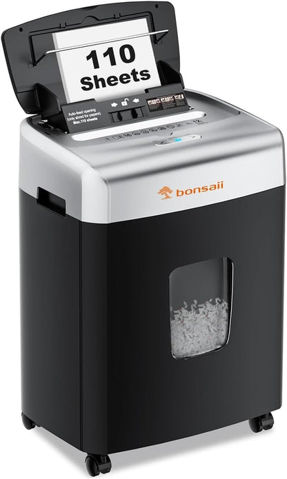 Bonsaii Heavy-Duty Paper Shredder for Home & Office - 110-Sheet Autofeed, Micro Cut, P-4 Security Level, 30-Minute Continuous Shred, 6-Gallon Bin