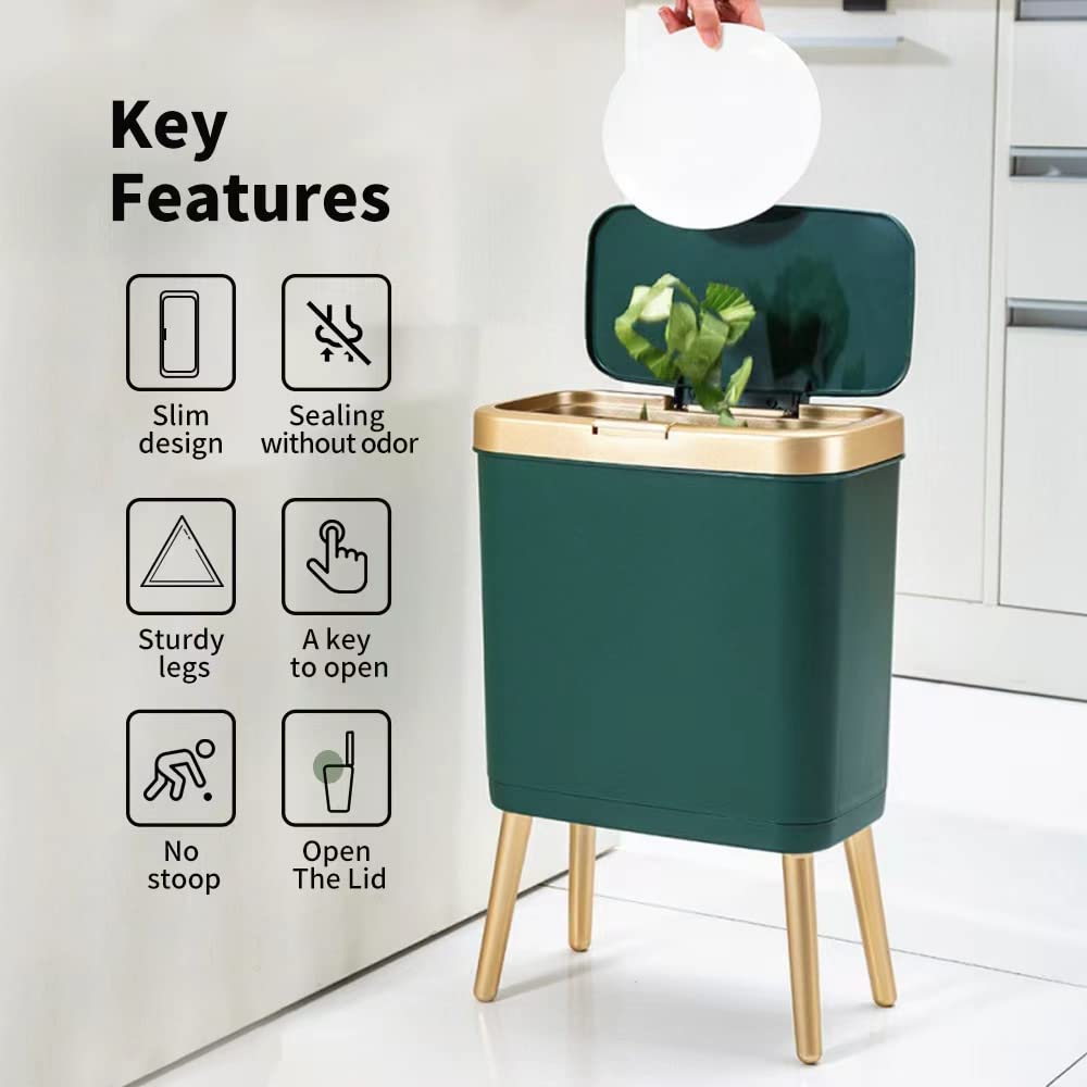 Procade 2Pack Gold Trash Can with Lid, Bathroom Trash Can with Legs, 4 Gallon Office Trash Cans for Near Desk, Slim Garbage Bin Waste Basket for Bedroom, Kitchen,Living Room&Toilet(Green+Green)