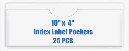 Origin-Joy 25 PCS Self-Adhesive Index Label Pockets, Clear Plastic Peel & Stick Card Holders with Top Open for Loading (10 x 4 inch)
