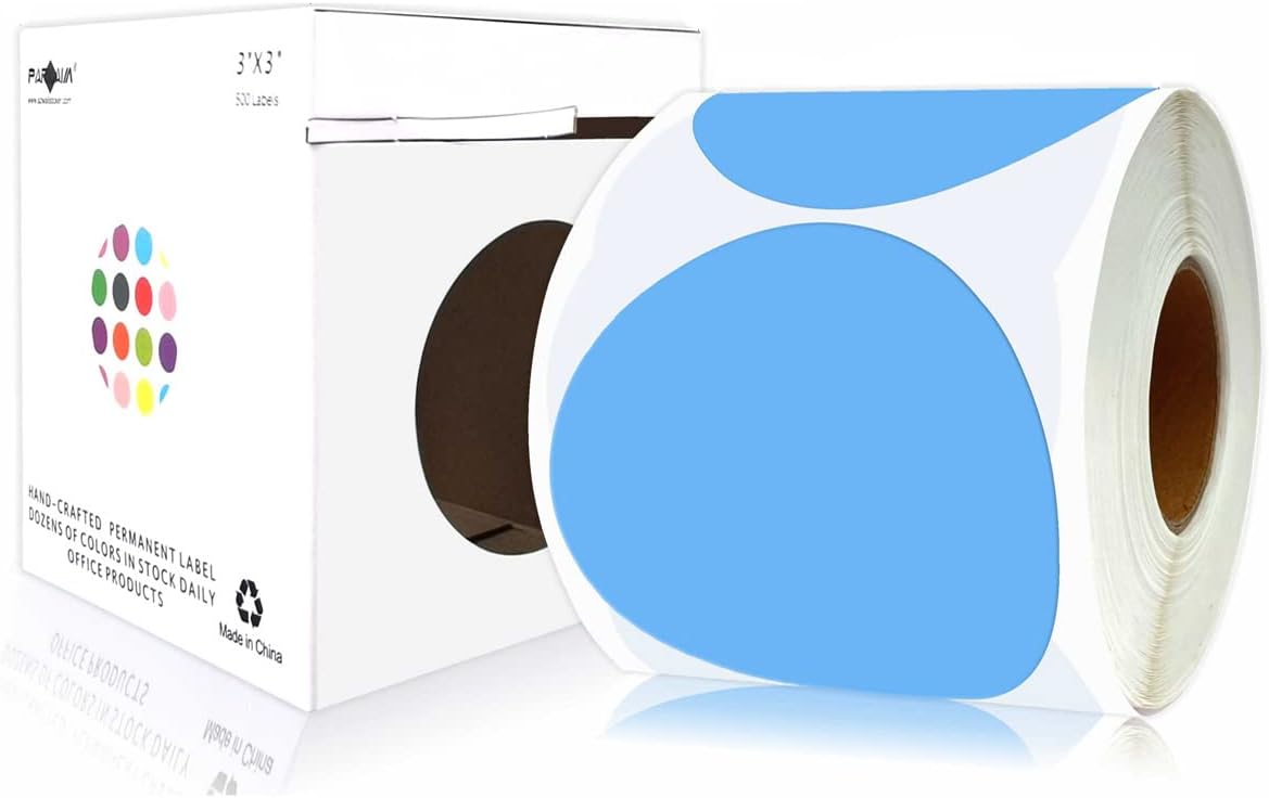 PARLAIM 3 Inch Round Color-Code Dot Stickers, 500 Color Coding Circle Labels per Roll Dispenser Box for Inventory, Light Blue