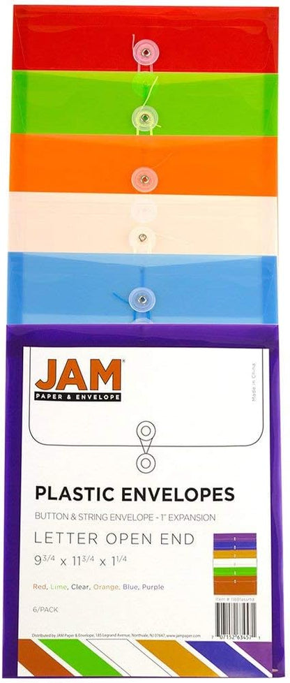 JAM PAPER Plastic Envelopes with Button & String Tie Closure - Letter Open End - 9 3/4 x 11 3/4 - Assorted Colors - 6/Pack