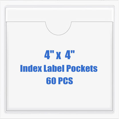 Origin-Joy 60 PCS Self Adhesive Index Card Pockets with Top Open, Clear Plastic Label Holder for Cards of Note, Library and Business, Adhesive Label Pockets & Card Holder (4 x 4 inch)
