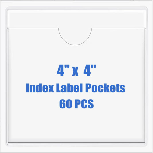 Origin-Joy 60 PCS Self Adhesive Index Card Pockets with Top Open, Clear Plastic Label Holder for Cards of Note, Library and Business, Adhesive Label Pockets & Card Holder (4 x 4 inch)
