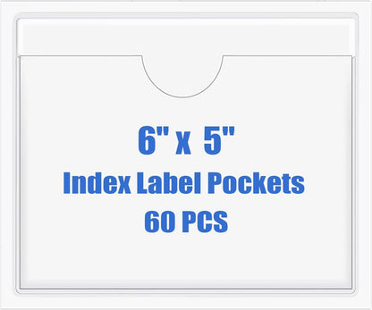 Origin-Joy 60 PCS Self Adhesive Index Card Pockets with Top Open, Clear Plastic Label Holder for Cards of Note, Library and Business, Adhesive Label Pockets & Card Holder (6 x 5 inch)