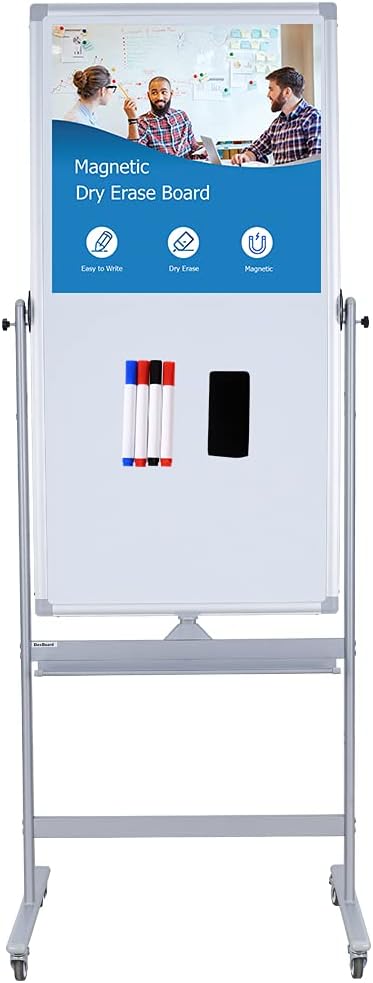 Magnetic Mobile Whiteboard 48x24-in 360° Reversible Two-sided White Board with Wheels, Portable Dry Erase Board Easel with Stand for Office Classroom, Include 6 Dry Erase Markers and 1 Eraser