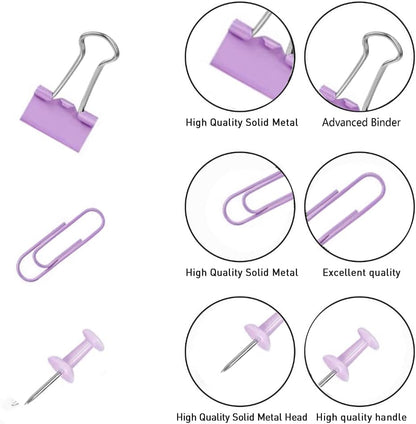 Purple Binder Clips and Paper Clips Push Pins Tacks Sets, Total 72 PCS Assorted Sizes Office Supplies Set for Women, Student, School, Home & Desk Supplies