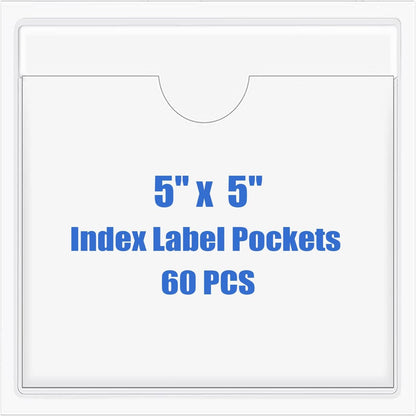 Origin-Joy 60 PCS Self Adhesive Index Card Pockets with Top Open, Clear Plastic Label Holder for Cards of Note, Library and Business, Adhesive Label Pockets & Card Holder (5 x 5 inch)