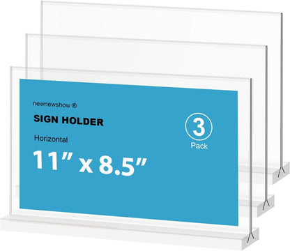 newnewshow Acrylic Sign Holder 11x8.5 Inch 3 Pack Horizontal T Shape Double-Sided Desktop Display Holder. (Optional 8.5x11 8.5x5.5 5x7 Horizontal and Vertical)