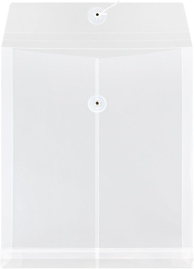 JAM PAPER Plastic Envelopes with Button & String Tie Closure - Letter Open End - 9 3/4 x 11 3/4 - Clear - 12/Pack