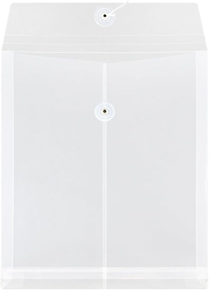 JAM PAPER Plastic Envelopes with Button & String Tie Closure - Letter Open End - 9 3/4 x 11 3/4 - Clear - 12/Pack