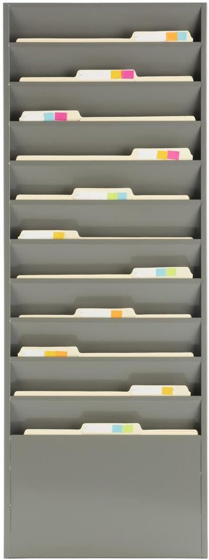 Displays2go Office File Folder Wall Rack, 11 Tiered Pockets, Medical Chart Folders (Gray Powder Coated Steel)