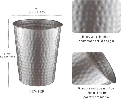 Monarch Abode Pewter Hand Hammered Metal Wastebasket for Home Office Bedroom, Decorative Waste Basket, Modern Bathroom Garbage Can, Durable & Decorative Trash Bin, Pewter Bathroom Trash Can