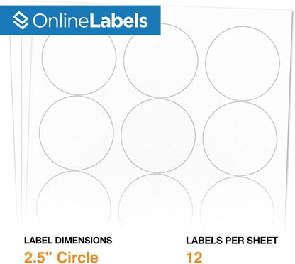 2.5" Round Labels - Permanent Adhesive, White Matte - Great for Candle & Jar Lids, Products, Favor Labels - Pack of 24,000 Circle Stickers, 2,000 Sheets - Inkjet/Laser Printers, OL350WX, OnlineLabels