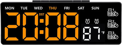 8 Inch LED Digital Desk Clock with Medication Reminders – Large Display with Time, Date, Day, Temperature, Triple Pill Alerts, Dual Alarm, Silent Clock for Home and Office,Orange