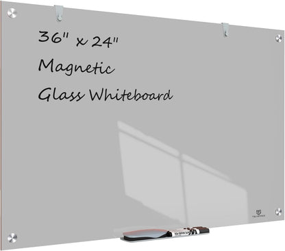 TSJ OFFICE Glass Dry-Erase Board - 36 x 24 Inches Wall Mounted Magnetic Whiteboard, Large Frameless Glass White Board for Office, Home & School, Gray