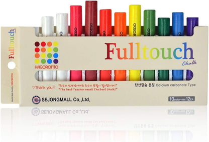Hagoromo Fulltouch Color Chalk - Non-Toxic [12 Pcs/10 Color Mix] 1 Box, Dustless Washable Chalk for Kids & Professionals, Sidewalk & Blackboard
