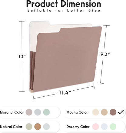 Y YOMA 6 Pack Extra Capacity File Folders Letter Size Accordion Decorative File Folder Cute Pretty Colored Filing Folder File Organizers for Office School Home Desktop with 1/3-Cut Tab, Mocha Color