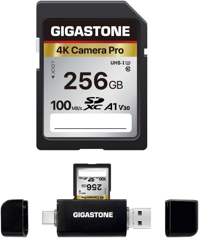 【5-Years Data Recovery】 GIGASTONE 256GB SD Card with USB Type C Card Reader, 4K Camera Pro, A1 V30 U3 SDXC Memory Card Compatible with Canon Digital Camera, with 1 Mini case