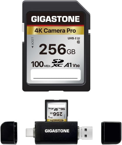 【5-Years Data Recovery】 GIGASTONE 256GB SD Card with USB Type C Card Reader, 4K Camera Pro, A1 V30 U3 SDXC Memory Card Compatible with Canon Digital Camera, with 1 Mini case