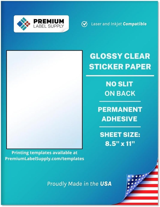 Premium Label Supply Glossy Clear Sticker Paper – 8.5" x 11" Full Sheet Labels – Laser/Inkjet Compatible – 1000 Sheets