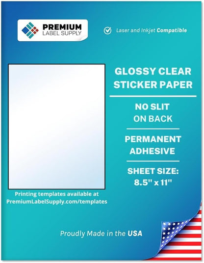 Premium Label Supply Glossy Clear Sticker Paper – 8.5" x 11" Full Sheet Labels – Laser/Inkjet Compatible – 25 Sheets