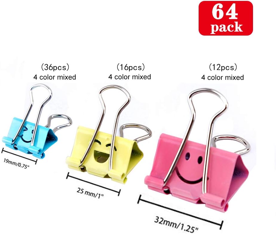 【64pack】 Binder Clips, Limque Paper Clips,Paper Clamps with Colored Cute Hollow Smiling Face,64 Pcs Assorted Size Clip, for Office,Teacher Gifts and Kitchen (BC-64pack)