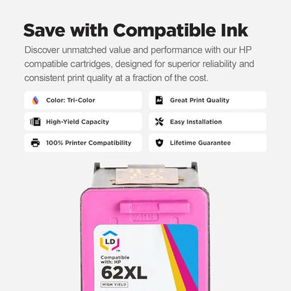 LD Products Remanufactured Ink Cartridge Replacement for HP 62XL C2P07AN High Yield (Color, 2-Pack) Compatible with The Following HP Printer Model Envy 5540