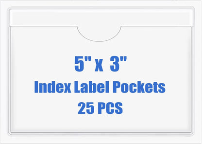 Origin-Joy 25 PCS Self-Adhesive Index Label Pockets, Clear Plastic Peel & Stick Card Holders with Top Open for Loading (5 x 3 inch)