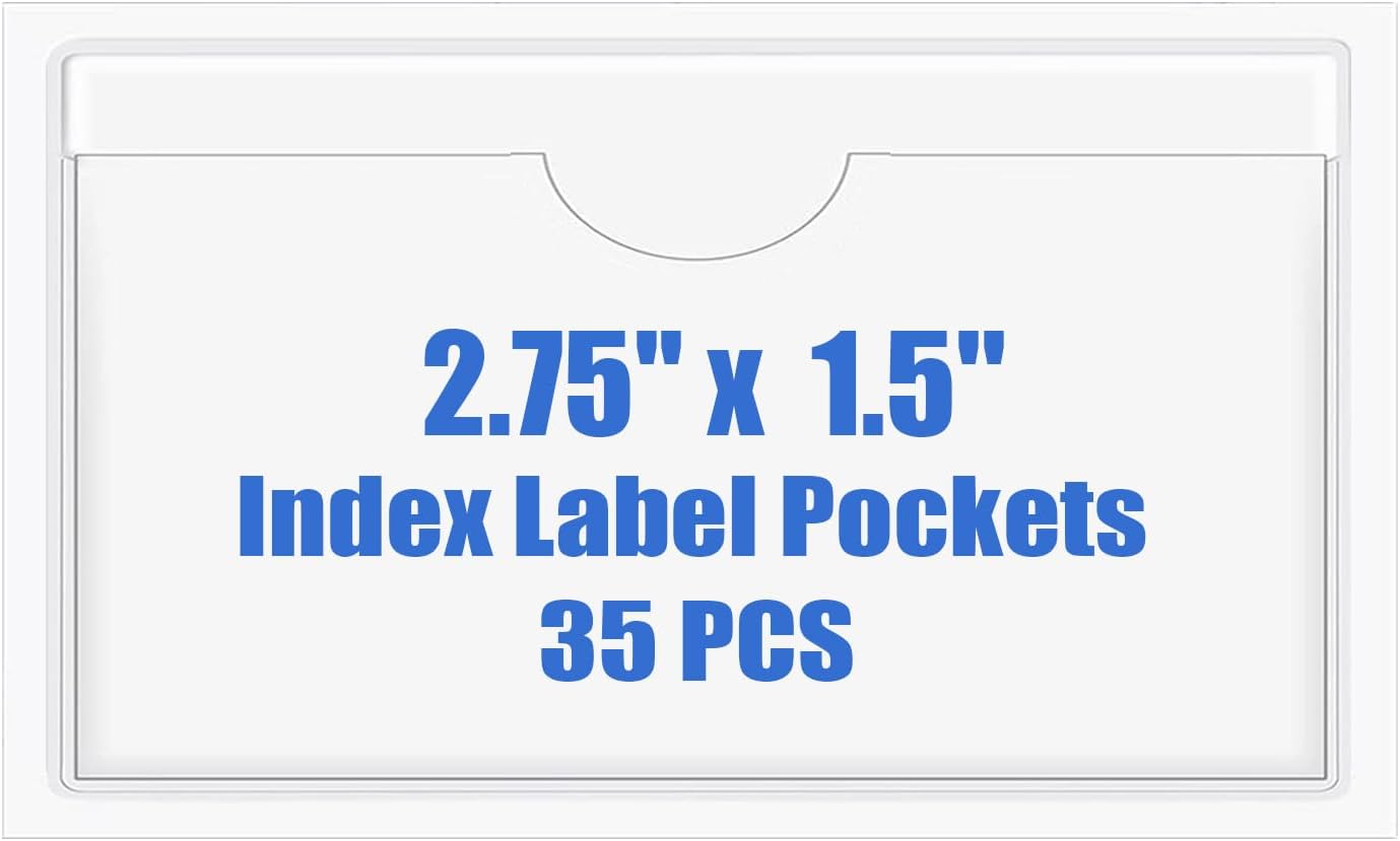 Origin-Joy 35 PCS Self Adhesive Index Card Pockets with Top Open, Clear Plastic Label Holder for Notes, Library and Business, Adhesive Label Pockets & Holder (2.75 x 1.5 inch)