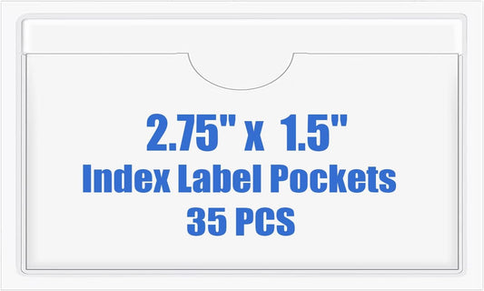 Origin-Joy 35 PCS Self Adhesive Index Card Pockets with Top Open, Clear Plastic Label Holder for Notes, Library and Business, Adhesive Label Pockets & Holder (2.75 x 1.5 inch)