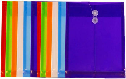 JAM PAPER Plastic Envelopes with Button & String Tie Closure - Letter Open End - 9 3/4 x 11 3/4 - Assorted Colors - 12/Pack