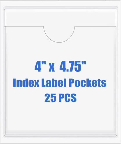 Origin-Joy 25 PCS Self-Adhesive Index Label Pockets, Clear Plastic Peel & Stick Card Holders with Top Open for Loading (4 x 4.75 inch)
