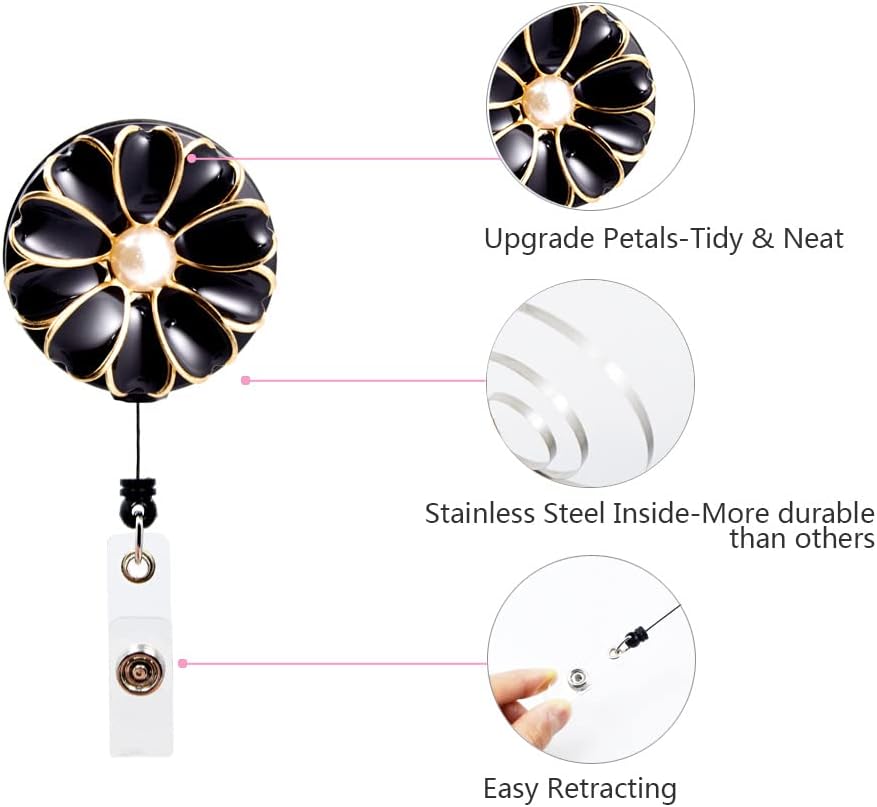 Retractable Badge Holder, ID Badge Reel with Pearl, 3 Pack (Black)