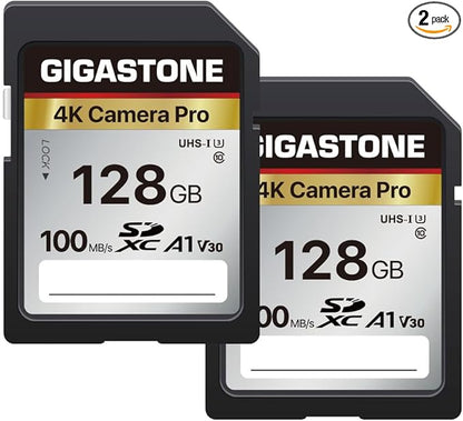 【5-Years Data Recovery】 GIGASTONE 128GB SD Card 2-Pack, 4K Camera Pro, A1 V30 SDXC Memory Card 4K UHD Video Compatible with Canon Digital Camera, with 2 Mini Cases