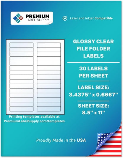 Premium Label Supply Glossy Clear File Folder Labels – 3.4375" x 0.6667" – Laser/Inkjet Compatible – (30 per Sheet), 10 Sheets – 300 Total Adhesive Labels