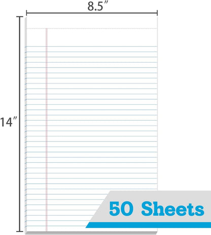 KAISA Legal Pads 8.5x14 inch Large Writing Pads Wide Ruled Notepads Casual Note Pads, White 50 Sheets 12 Pads, WT-LWT50W