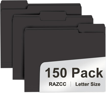 File Folder, RAZCC 150 Pack 1/3 Cut Tab File Folders Letter Size, Black Folders for Dcouments, Folders with Tab Great for Organizing and Easy File Storage