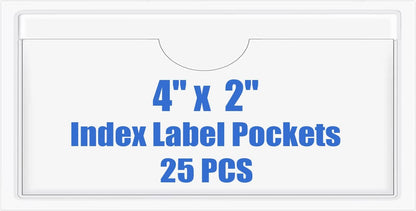 Origin-Joy 25 PCS Self-Adhesive Index Label Pockets, Clear Plastic Peel & Stick Card Holders with Top Open for Loading (4 x 2 inch)