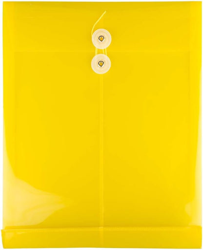 JAM PAPER Plastic Envelopes with Button & String Tie Closure - Letter Open End - 9 3/4 x 11 3/4 - Yellow - 12/Pack