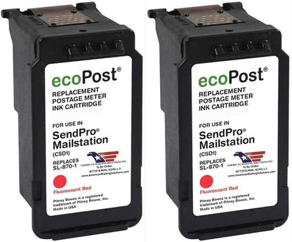 AMERICAN MAILING SOLUTIONS INC. | 2-Pack | ecoPost Remanufactured Postage Meter Ink Cartridge for PB SL-870-1 | Red | for The SendPro Mailstation | 8 ML