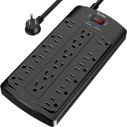 6FT Yintar Surge Protector Power Strip - Flat Plug Extension Cord with 18 AC Outlets for Home, Office, Dorm Essentials, 2100 Joules, ETL, Black