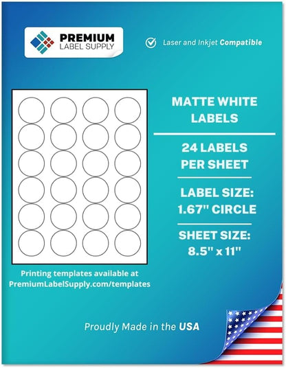 Premium Label Supply White Sticker Round Labels – 1-2/3" Circle – Laser/Inkjet Compatible – (24 per Sheet), 100 Sheets – 2,400 Total Adhesive Labels