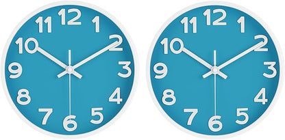 HIPPIH Wall Clock 2 Pack, 10 Inch Modern Wall Clocks Battery Operated, Non Ticking Silent Wall Clock, Simple Small Analog Wall Clock for Living Room, Bedroom, Kitchen, School, Office, Blue