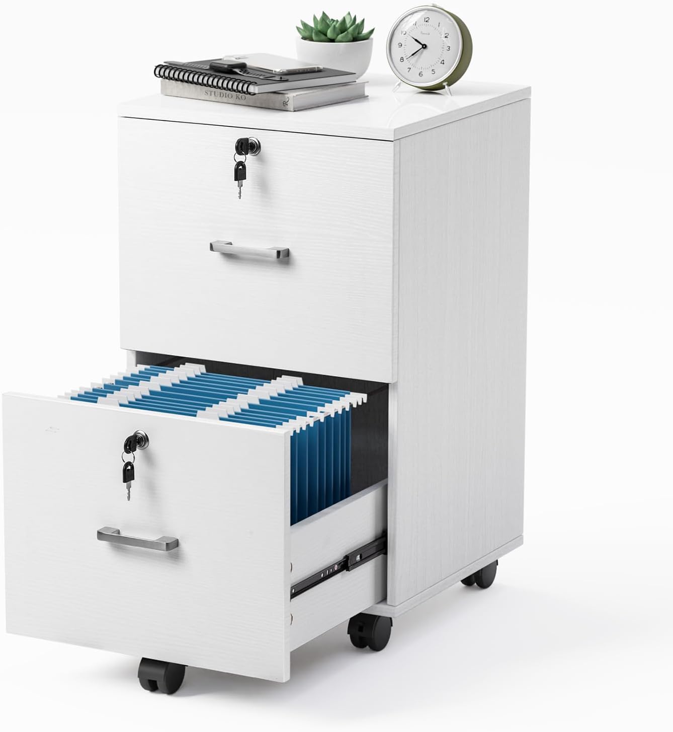 VINGLI 2 Drawer File Cabinet with Lock, Wood Grain White File Cabinets for Letter Size File Folders with Tabs, Mobile Under Desk Filing Cabinets for Home Office, Rolling Filing Cabinet Printer Stand