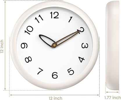 Modern Wall Clock,Battery Operated,Tempered Glass,12" Silent Clocks for Living Room,Bedroom,Kitchen,Bathroom - Stylish Home Decor Gift (Off White)