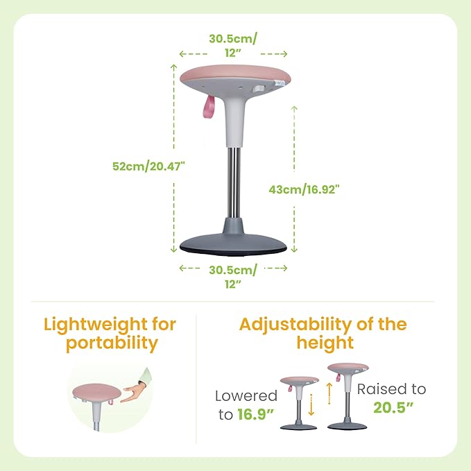 Wobble Stool for Kids Ages 7–12; Adjustable Height Wobble Stools for Classroom Seating with Soft Cushion; Flexible Wiggle Chair for Focus and ADHD Support + Bonus Visual Timer (Candy Pink)