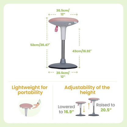 Wobble Stool for Kids Ages 7–12; Adjustable Height Wobble Stools for Classroom Seating with Soft Cushion; Flexible Wiggle Chair for Focus and ADHD Support + Bonus Visual Timer (Candy Pink)