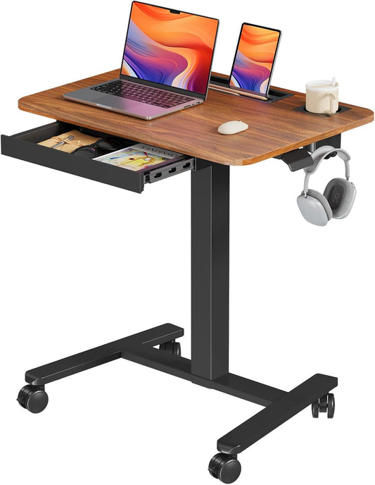 Mobile Standing Desk with Drawer, 28" Rolling Desk with Cup Holder and Hooks, Portable Laptop Workstation on Wheels, Height Adjustable Cart with Storage for Home Office, Dark Wood